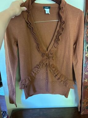 J.Crew Merino Wool Ruffled Cardigan Camel Brown Small
